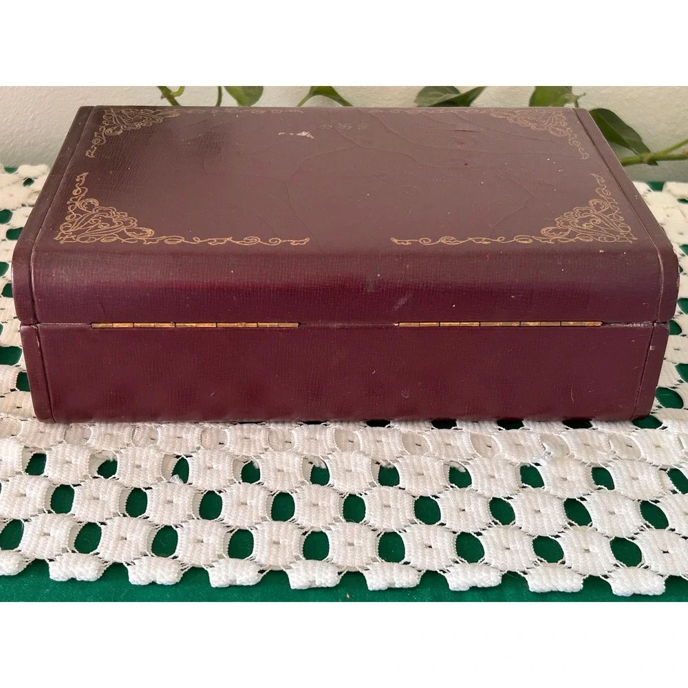 Vintage Farrington Faux‎ Leather Jewelry Box Set Gold Filigree Monogram with Key